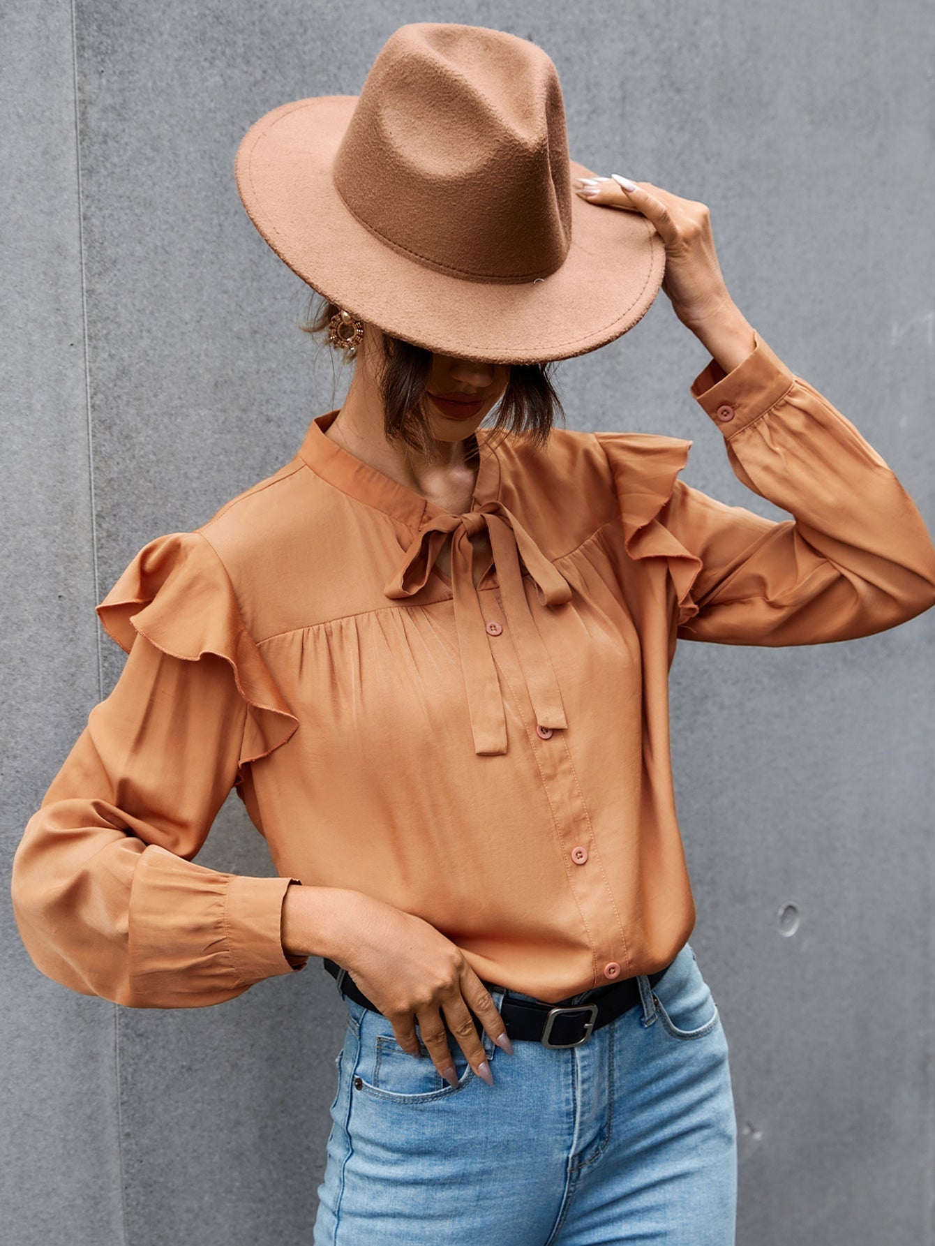 Tie Neck Ruffle Hem Blouse - Fashionpara