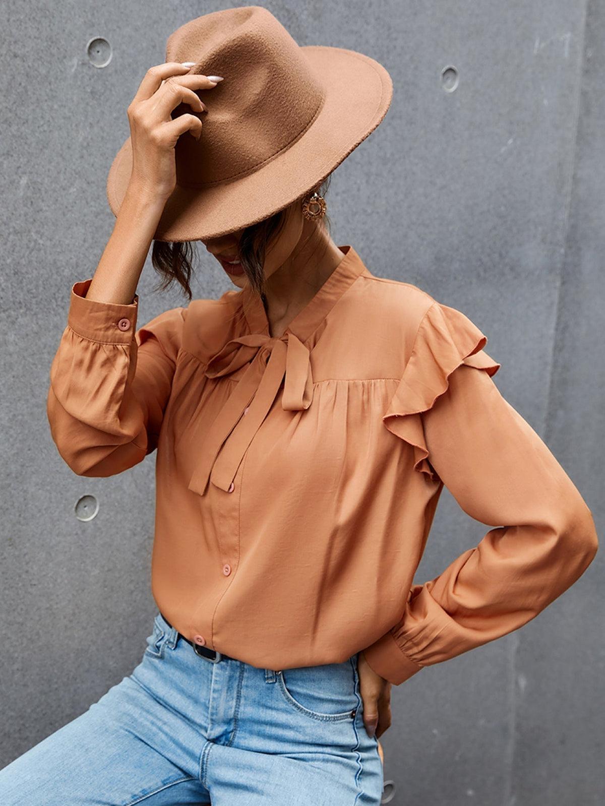 KittenAlarm - Tie Neck Ruffle Hem Blouse