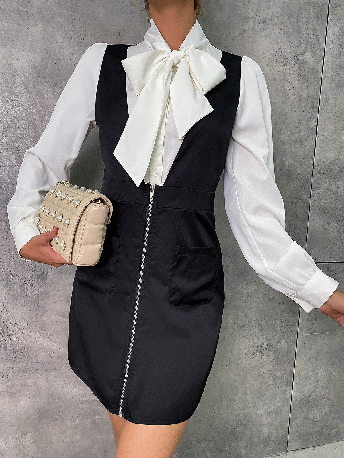 KittenAlarm - Tie Neck Zip Up Fitted Dress