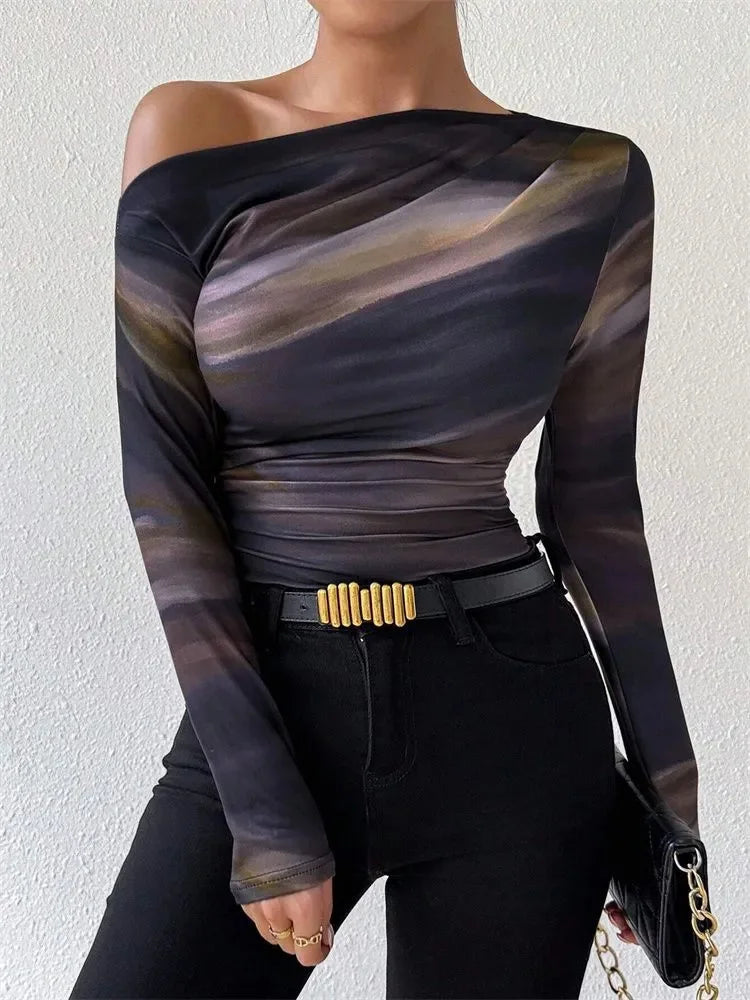 Tie-dye One Shoulder Slim Fit Long Sleeve Knit Top - Fashionpara