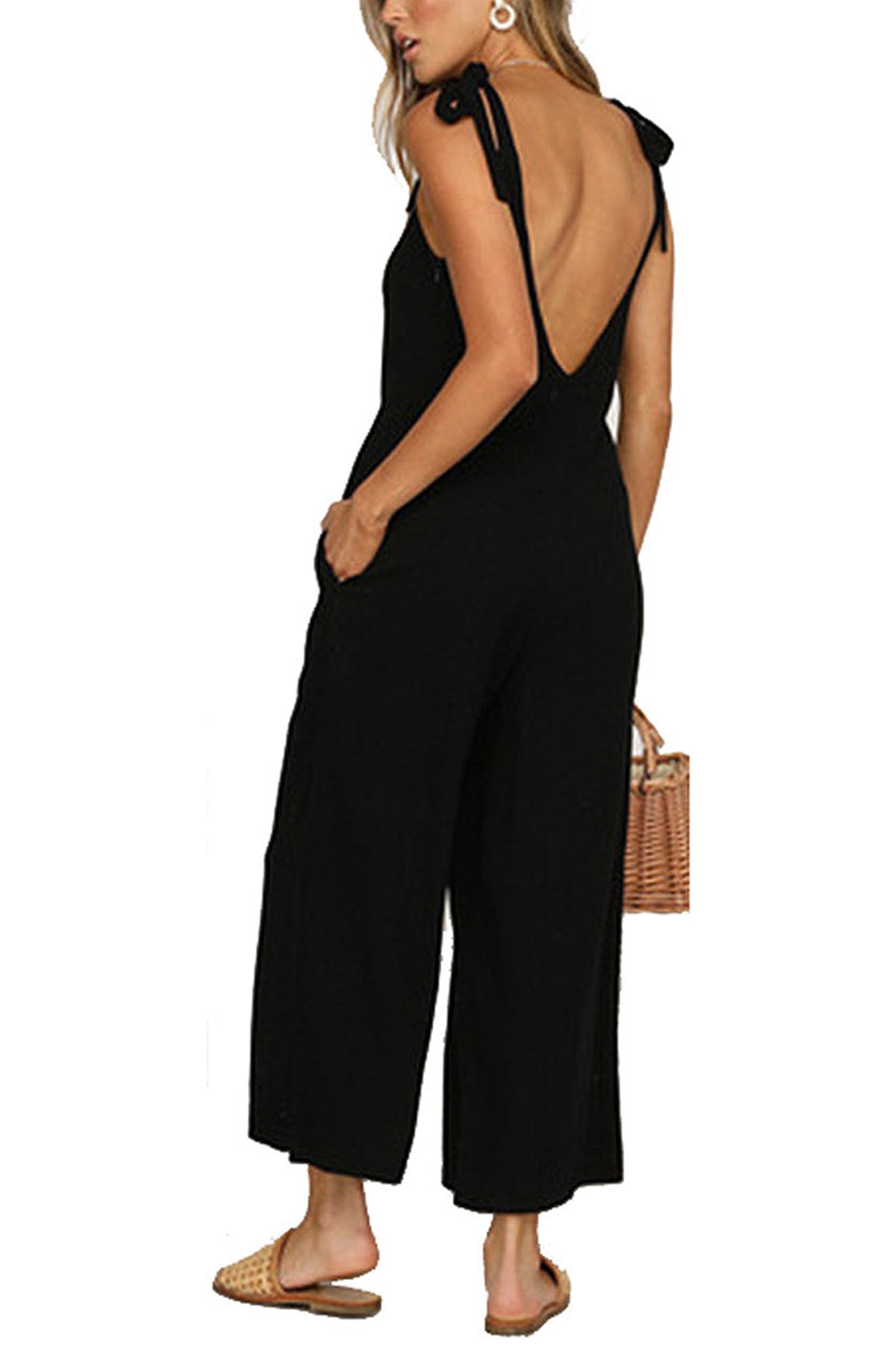 Tie-straps Backless Pocketed Cotton Jumpsuits - Fashionpara