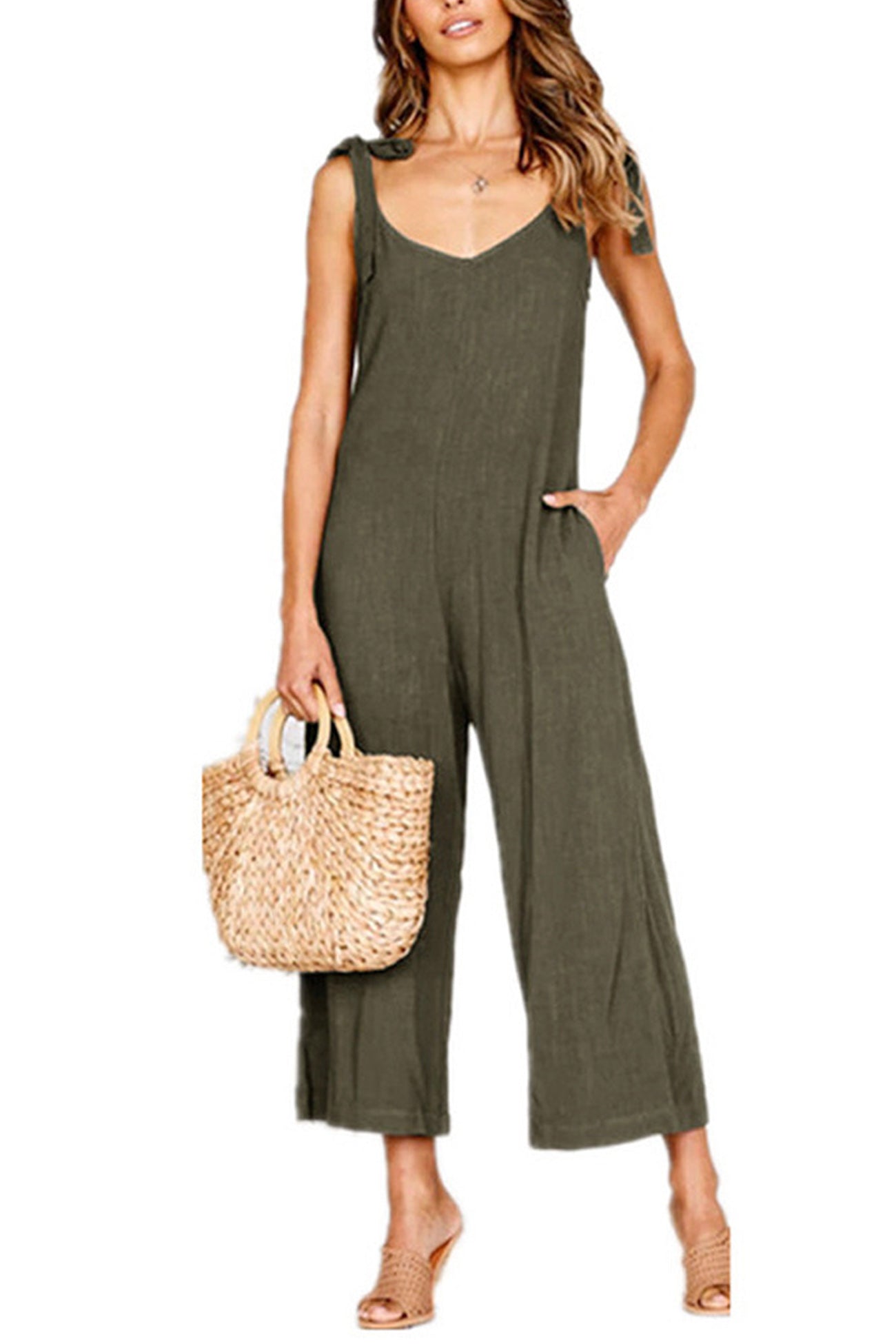 Tie-straps Backless Pocketed Cotton Jumpsuits - Fashionpara