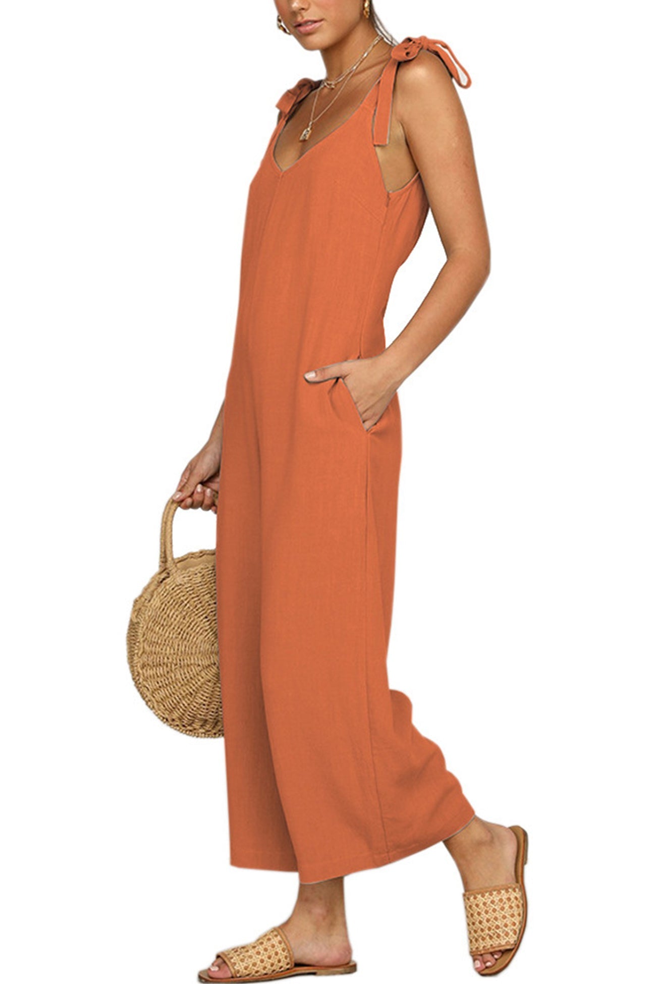 Tie-straps Backless Pocketed Cotton Jumpsuits - Fashionpara