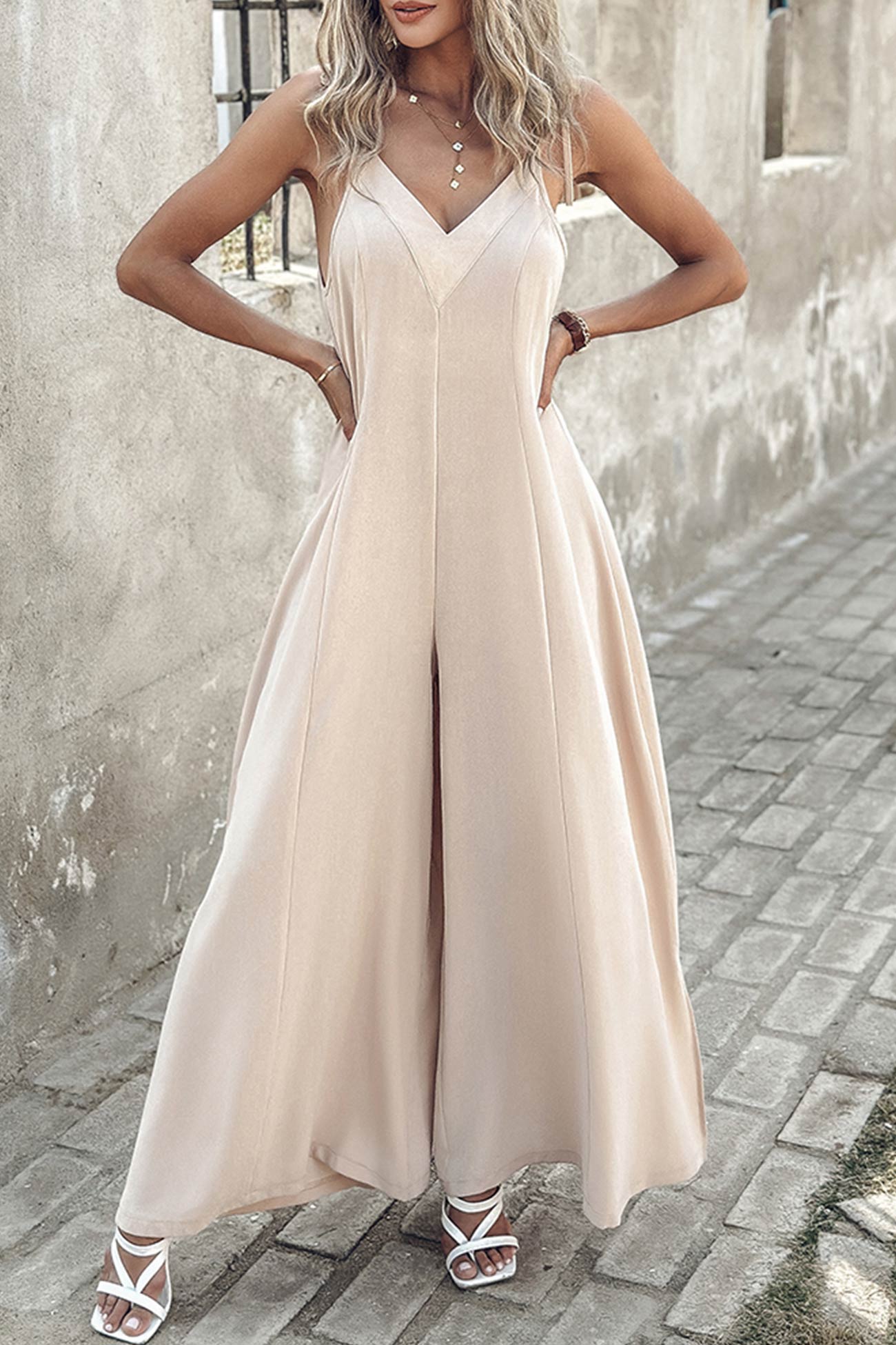 Tie-straps V Neck Slit Wide Leg Jumpsuits - Fashionpara