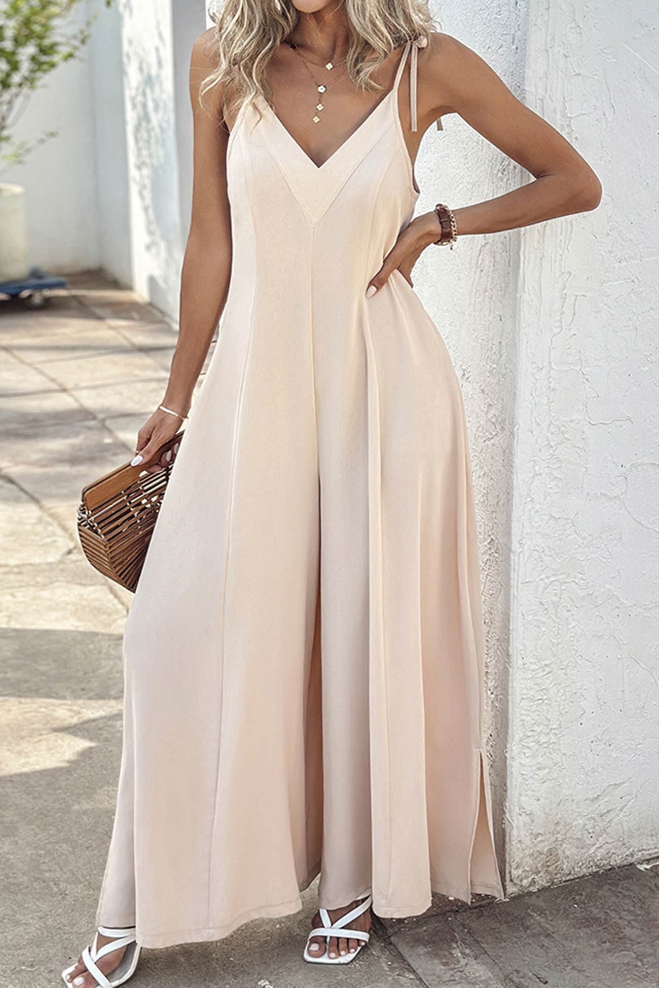 Tie-straps V Neck Slit Wide Leg Jumpsuits - Fashionpara