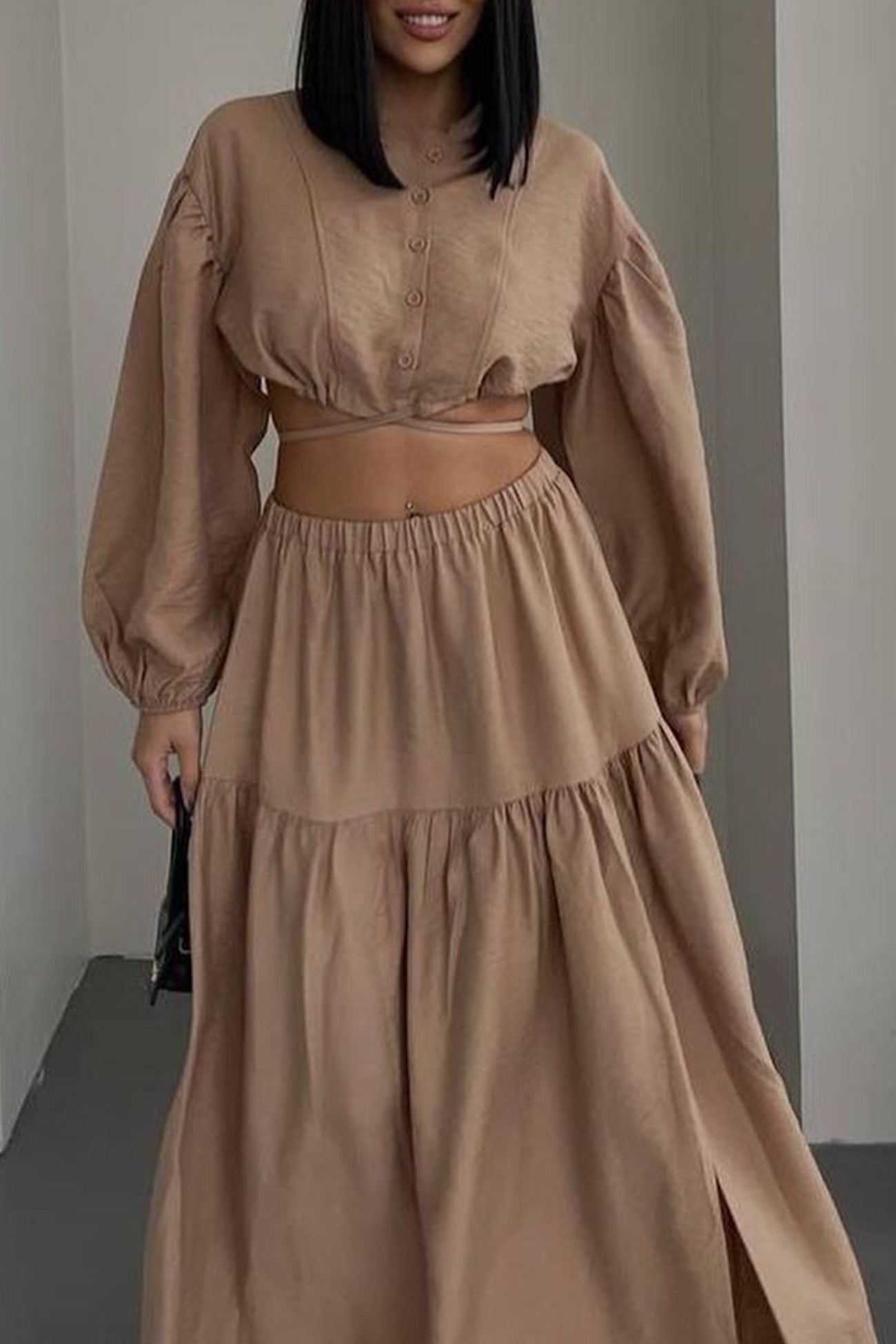 Tie-up Crop Top Tiered Midi Skirt Suits