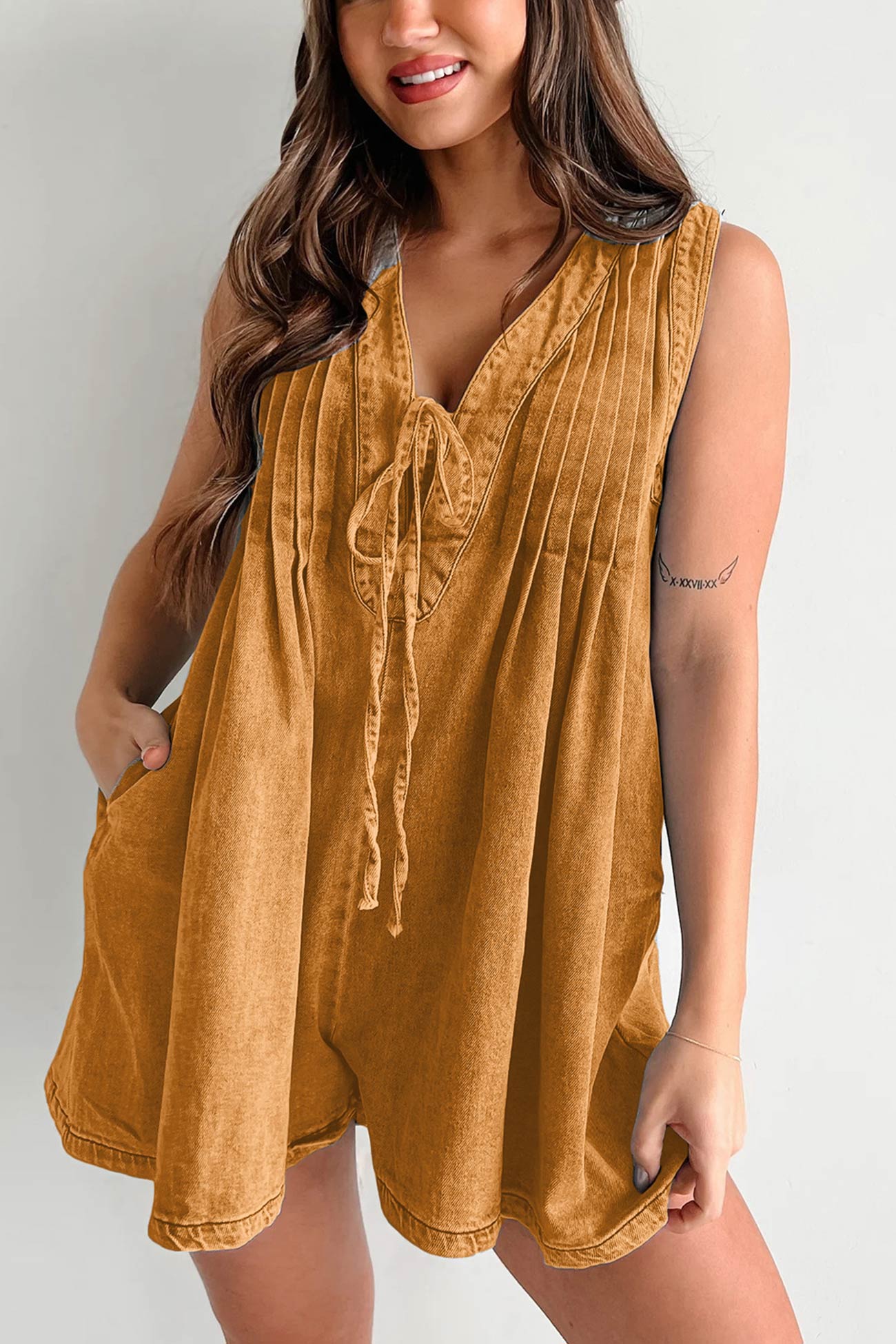 Tie-up Sleeveless Denim Rompers - Fashionpara