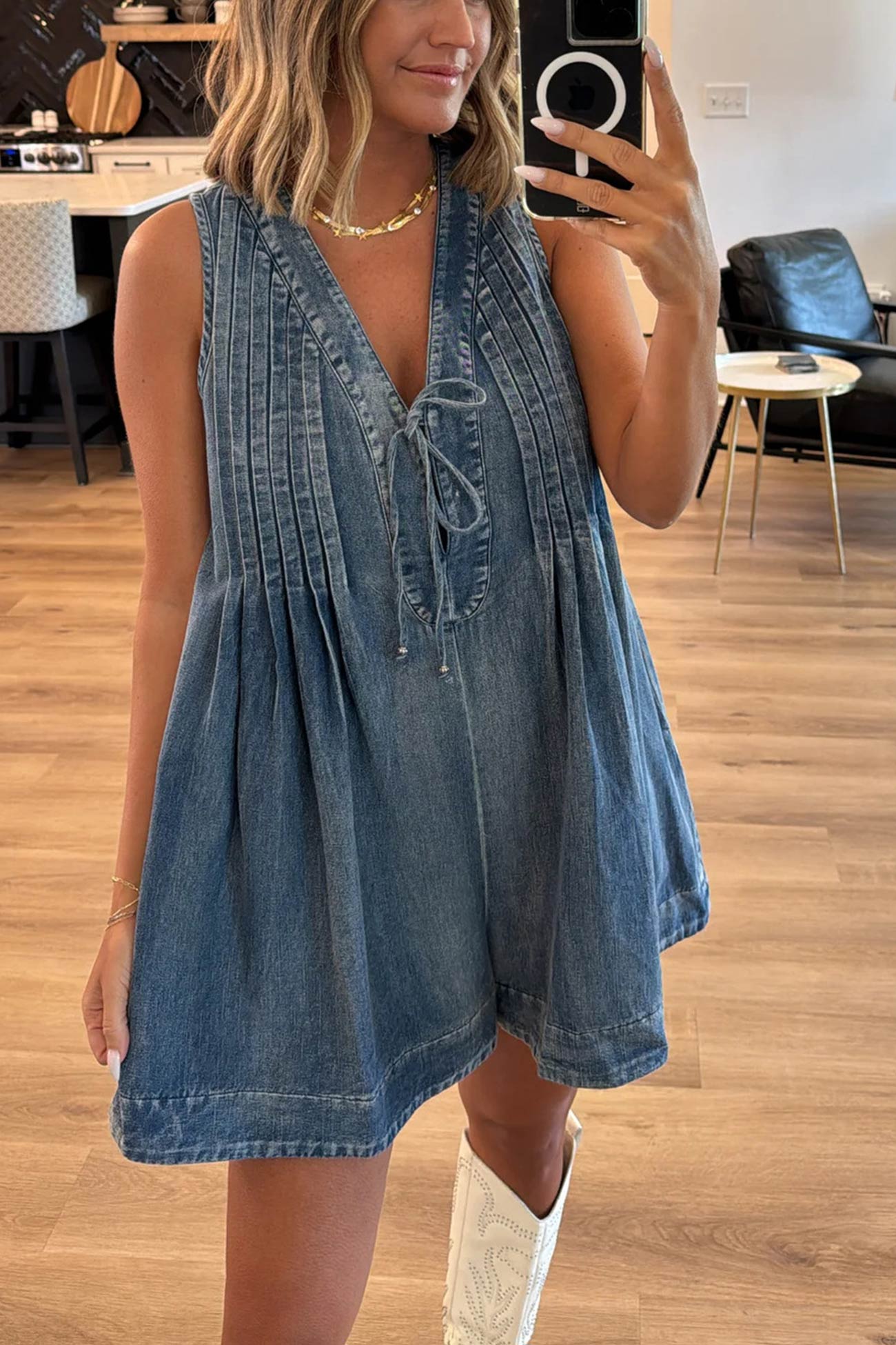 Tie-up Sleeveless Denim Rompers - Fashionpara