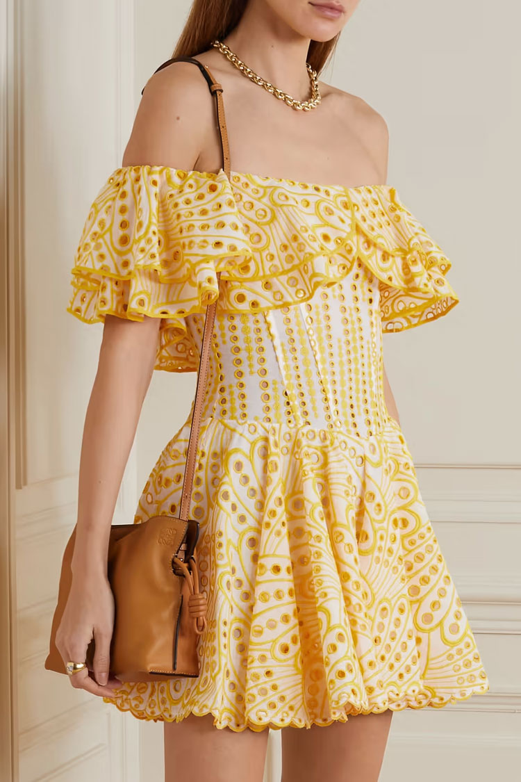 Tiered Off Shoulder Broderie Anglaise Ruffle Mini Dress - Yellow Fashionpara