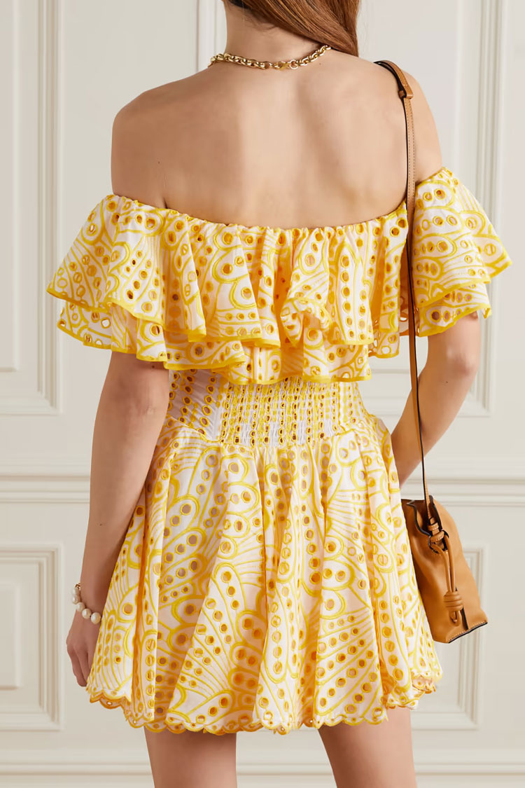 Tiered Off Shoulder Broderie Anglaise Ruffle Mini Dress - Yellow Fashionpara