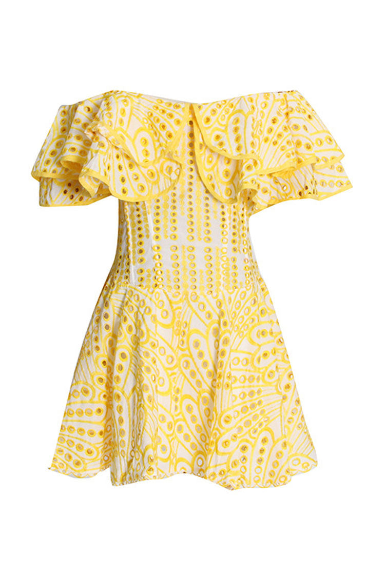 Tiered Off Shoulder Broderie Anglaise Ruffle Mini Dress - Yellow Fashionpara