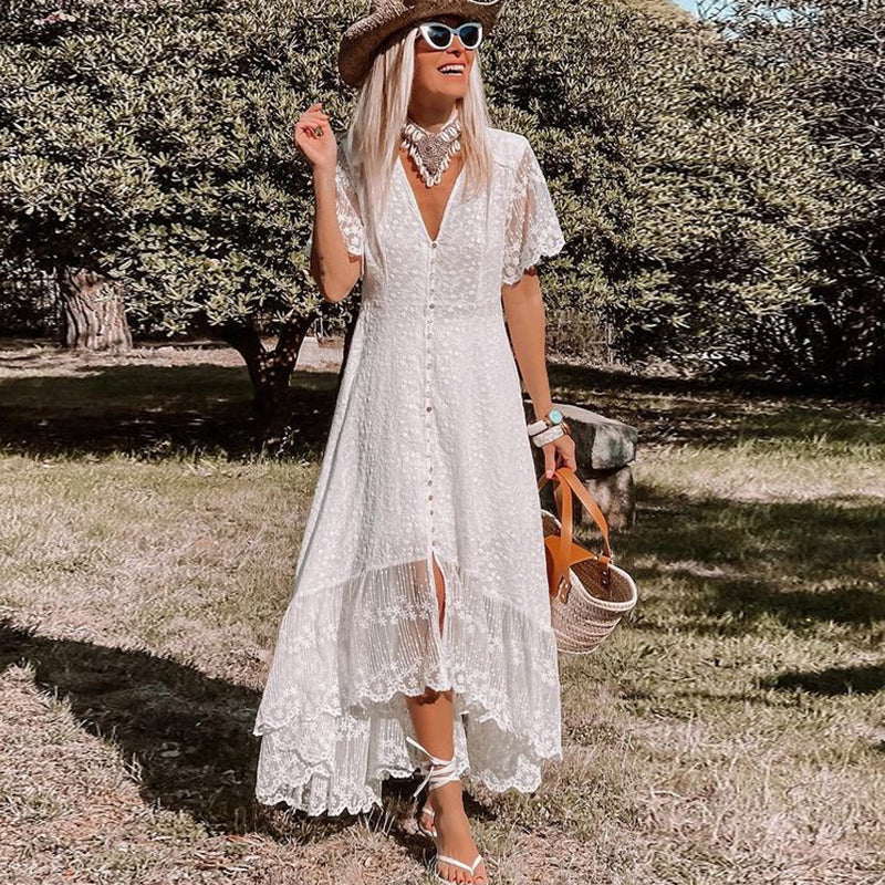 Lace Button Down Flutter Sleeve High Low Ruffle Hem Maxi Dress