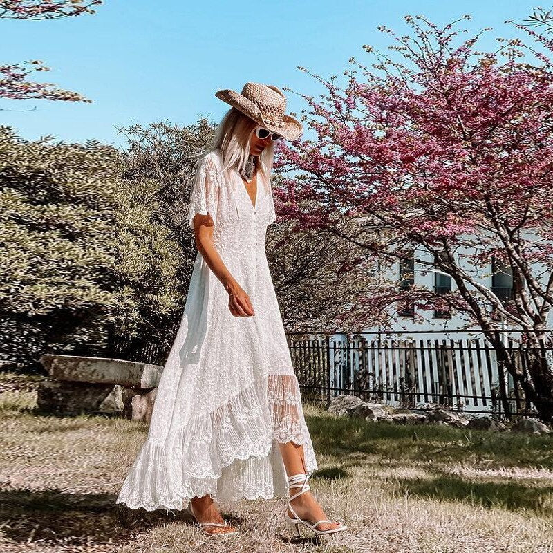 Lace Button Down Flutter Sleeve High Low Ruffle Hem Maxi Dress - View 3