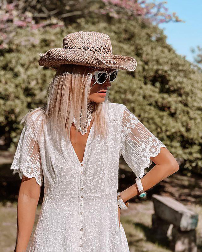 Lace Button Down Flutter Sleeve High Low Ruffle Hem Maxi Dress - View 4