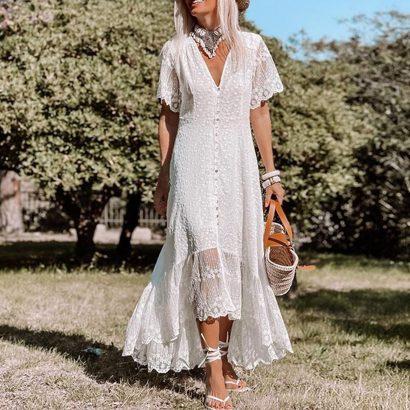 Lace Button Down Flutter Sleeve High Low Ruffle Hem Maxi Dress - View 2