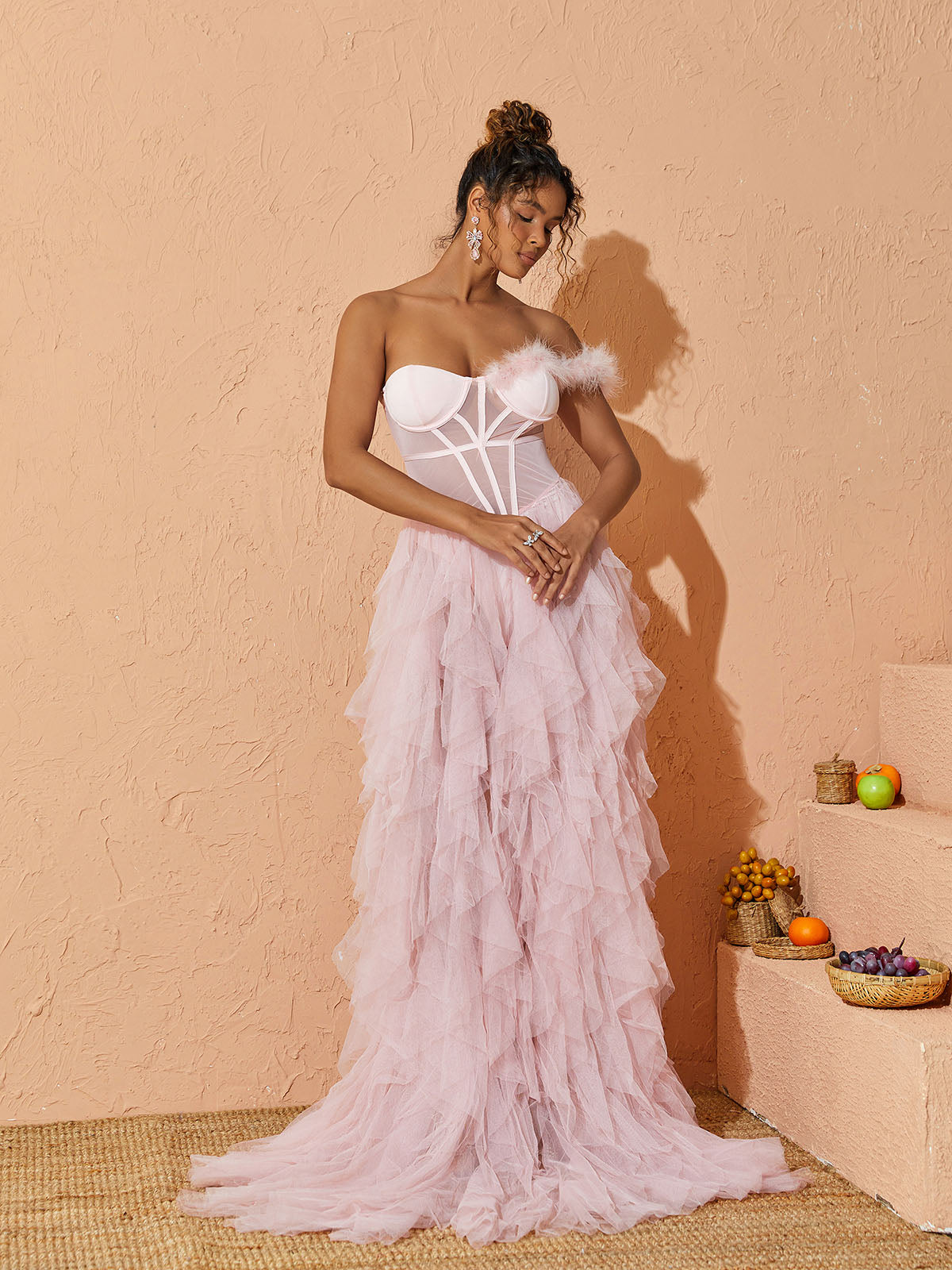 Titania One Shoulder Tulle Maxi Dress In Blush