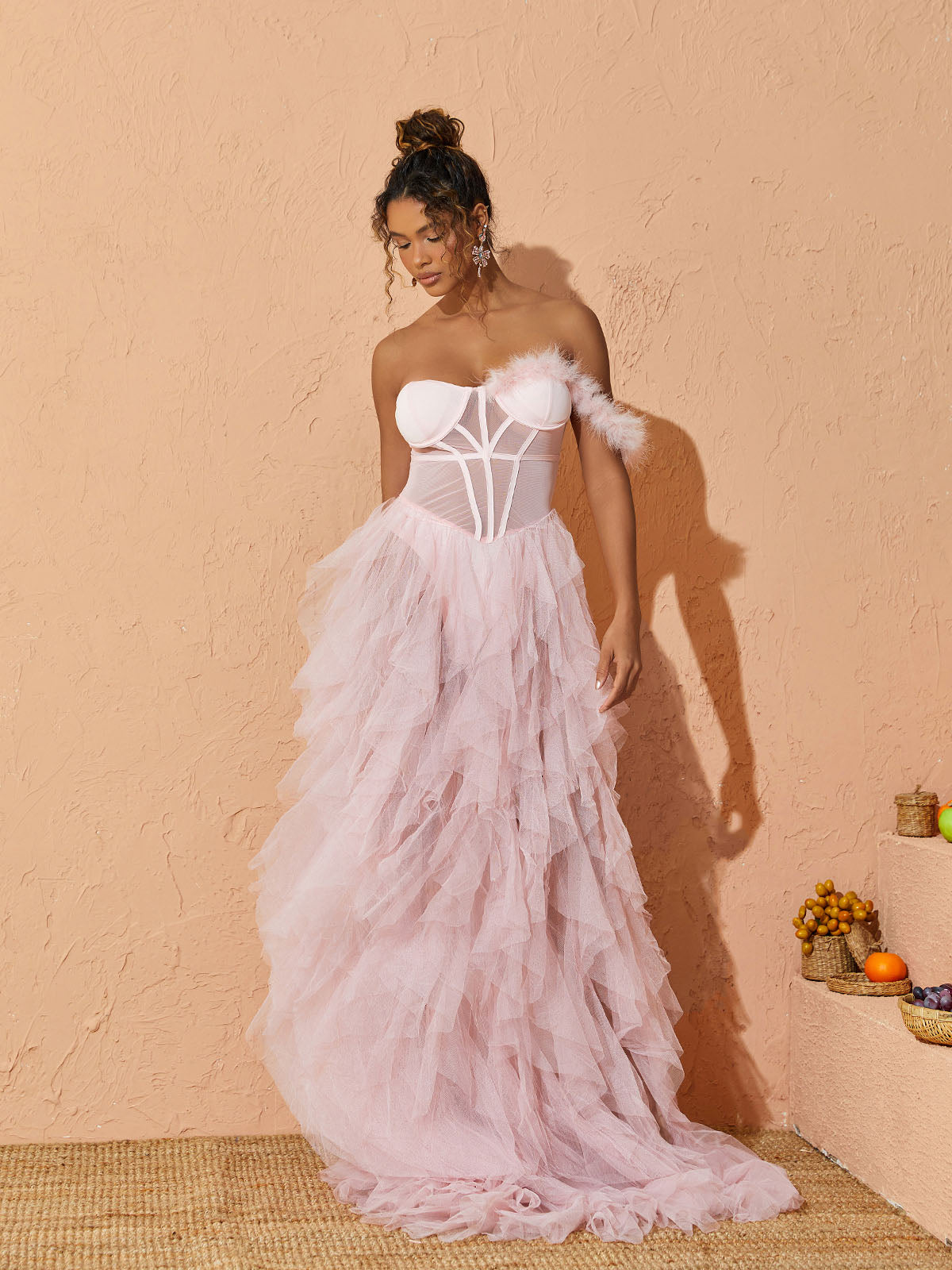 Titania One Shoulder Tulle Maxi Dress In Blush