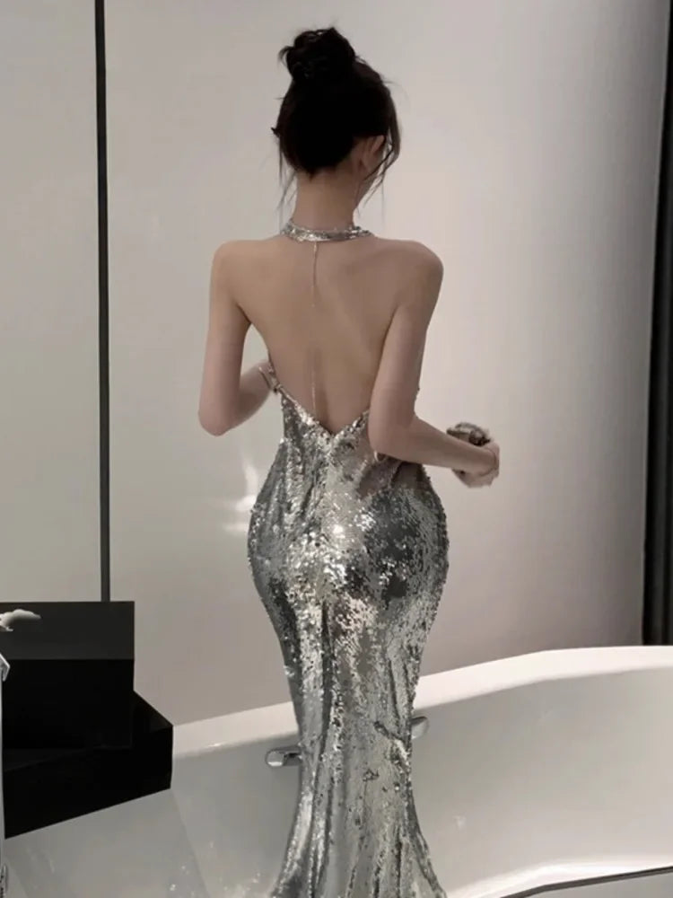 Sequin Halter Neck Cowl Backless Mermaid Maxi Gown 4