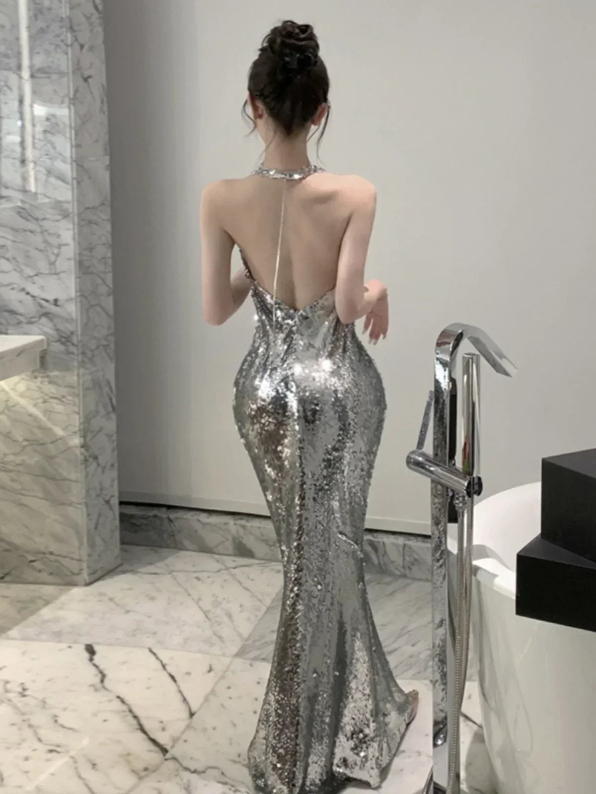Sequin Halter Neck Cowl Backless Mermaid Maxi Gown 5