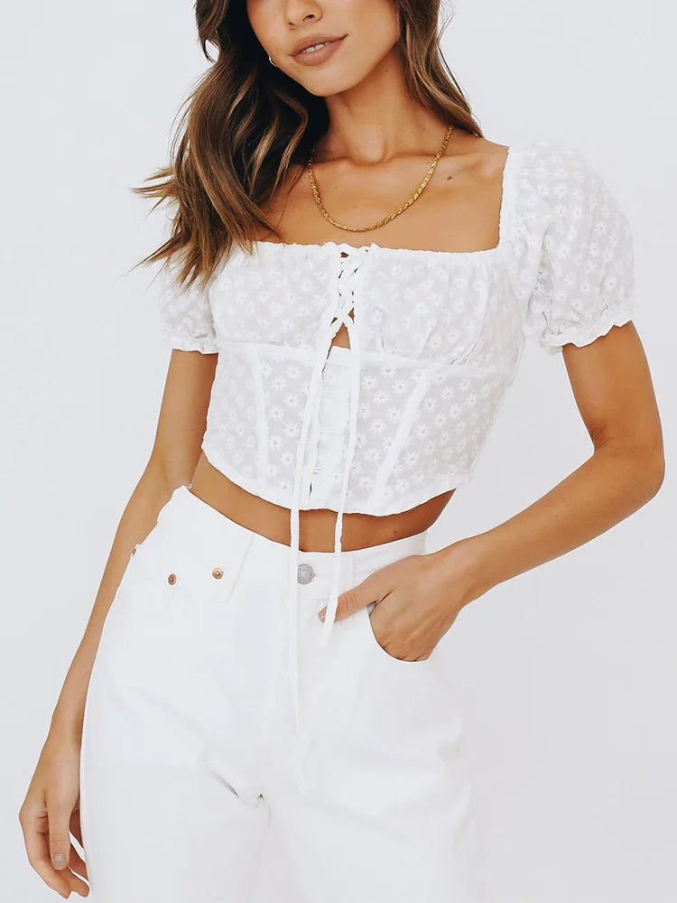Short Puff Sleeve Embroidery Smocked Tie Bow Crop Blouse
