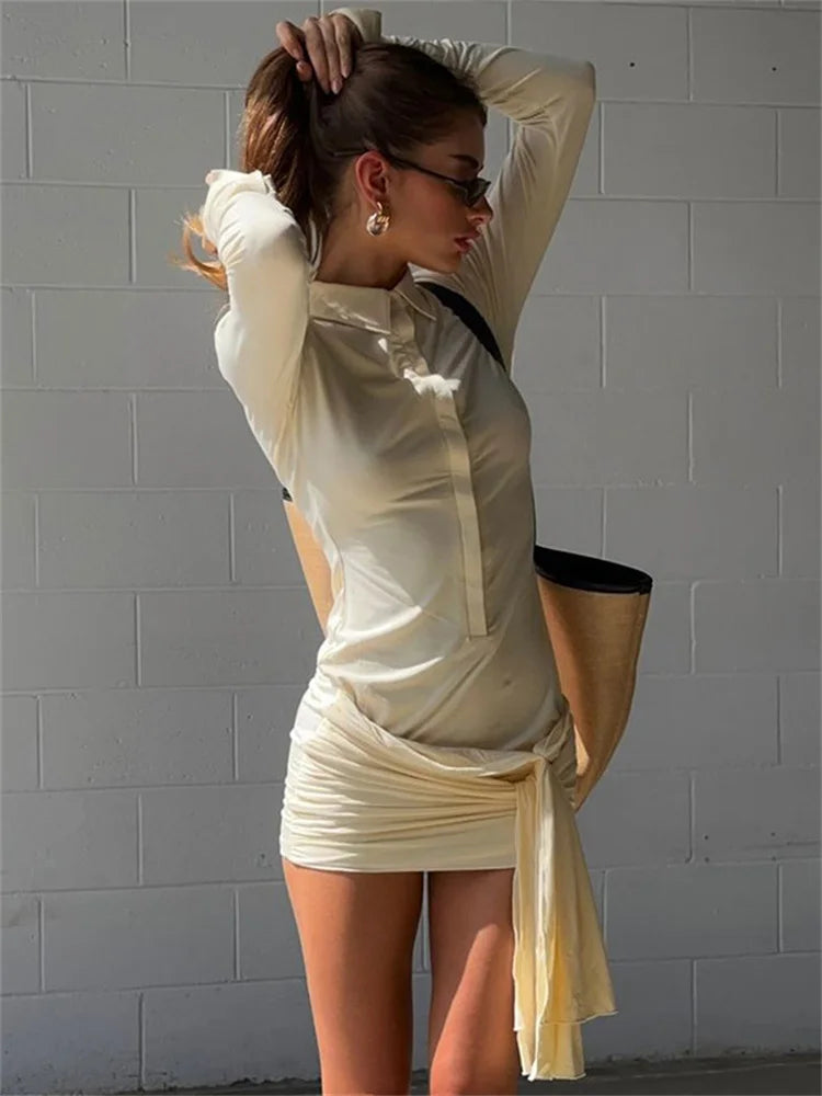 Lapel Pleated See-Through Mini Dress