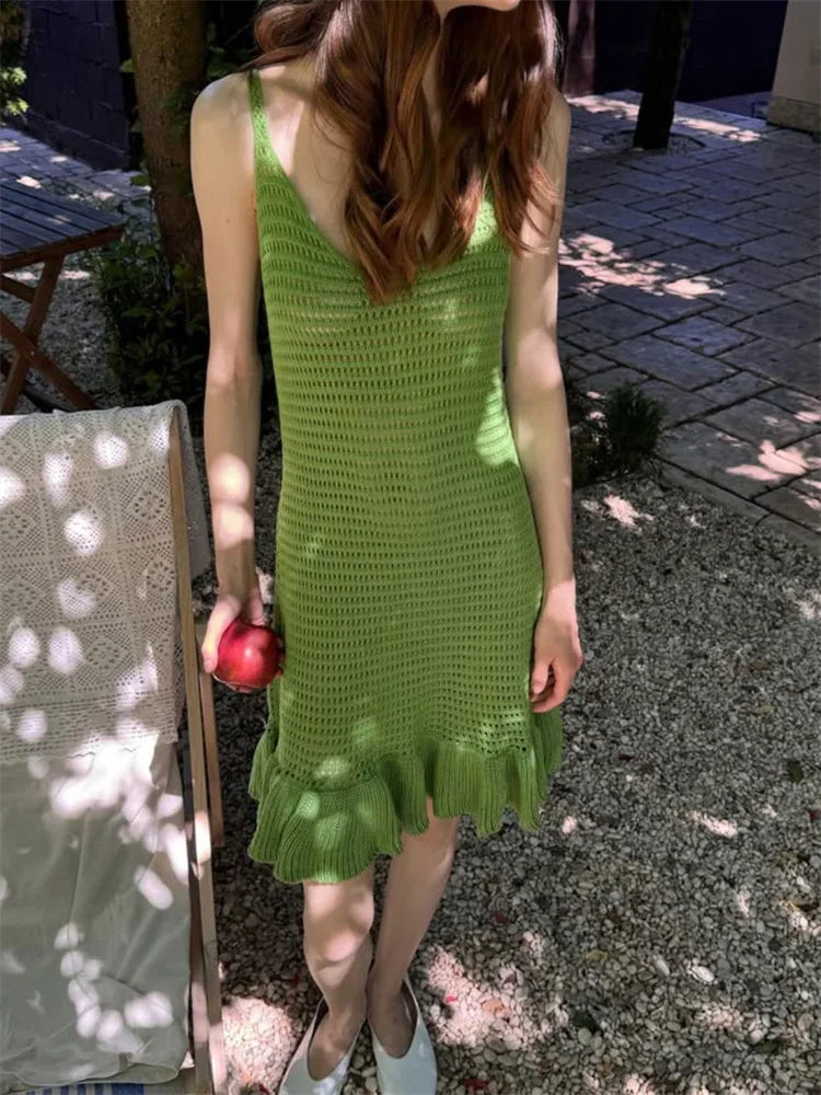 Knit Hollow-Out V-Neck Mini Dress