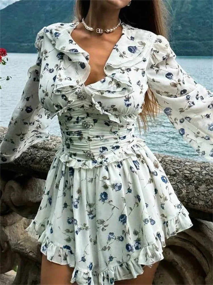 Printed Drawstring Bandage Mini Dress