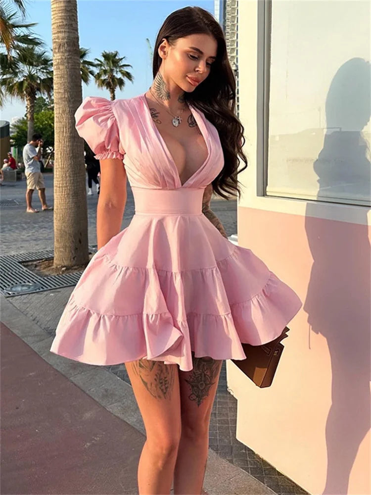 Ruffled Lace-Up Slim Mini Dress