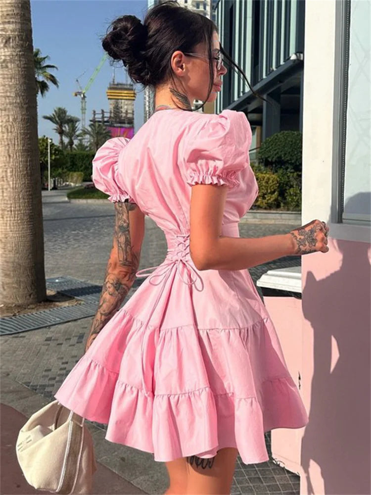 Ruffled Lace-Up Slim Mini Dress