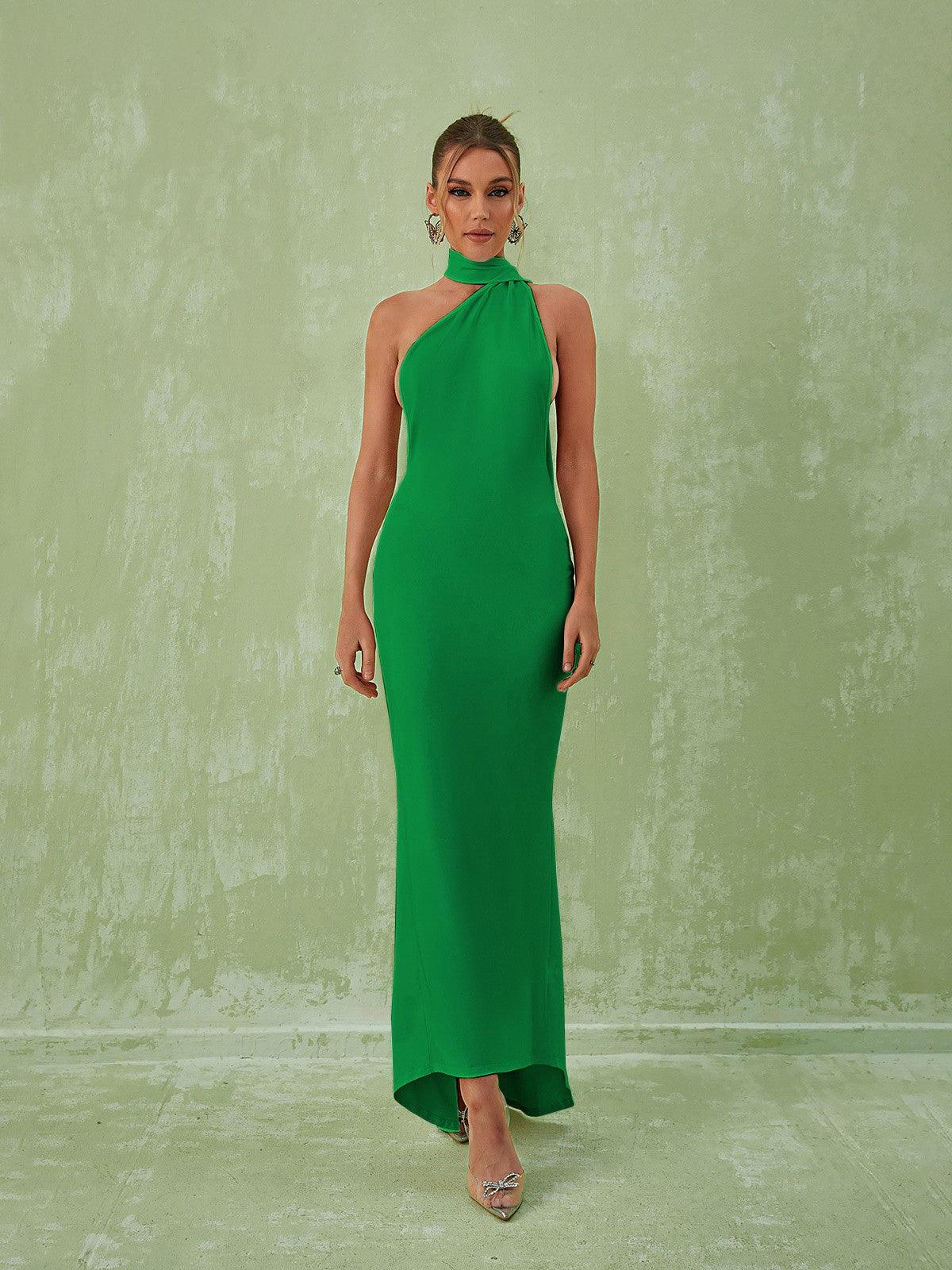Satin High Neck Backless Draped Sash Maxi Dress 3