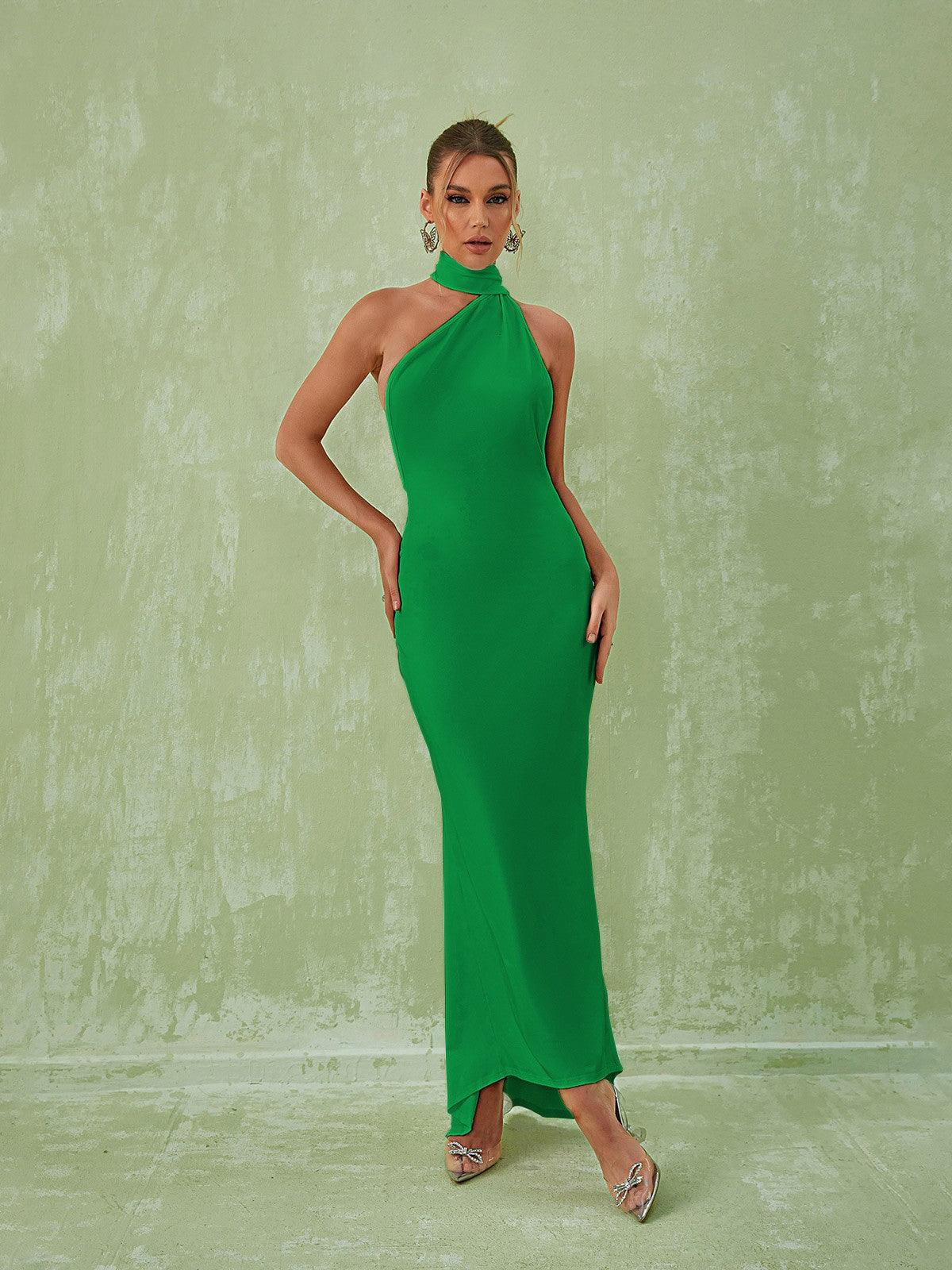 Satin High Neck Backless Draped Sash Maxi Dress 2
