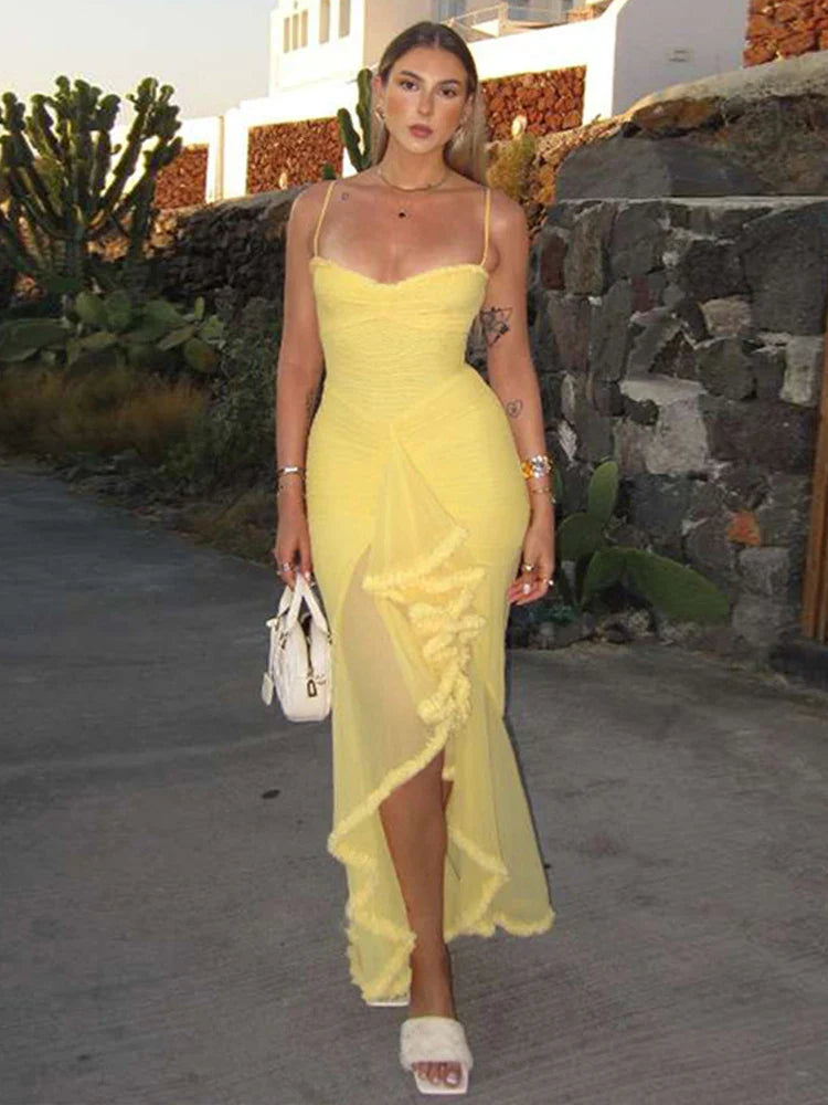 Elastic Mesh Ruffles Vacation Dress