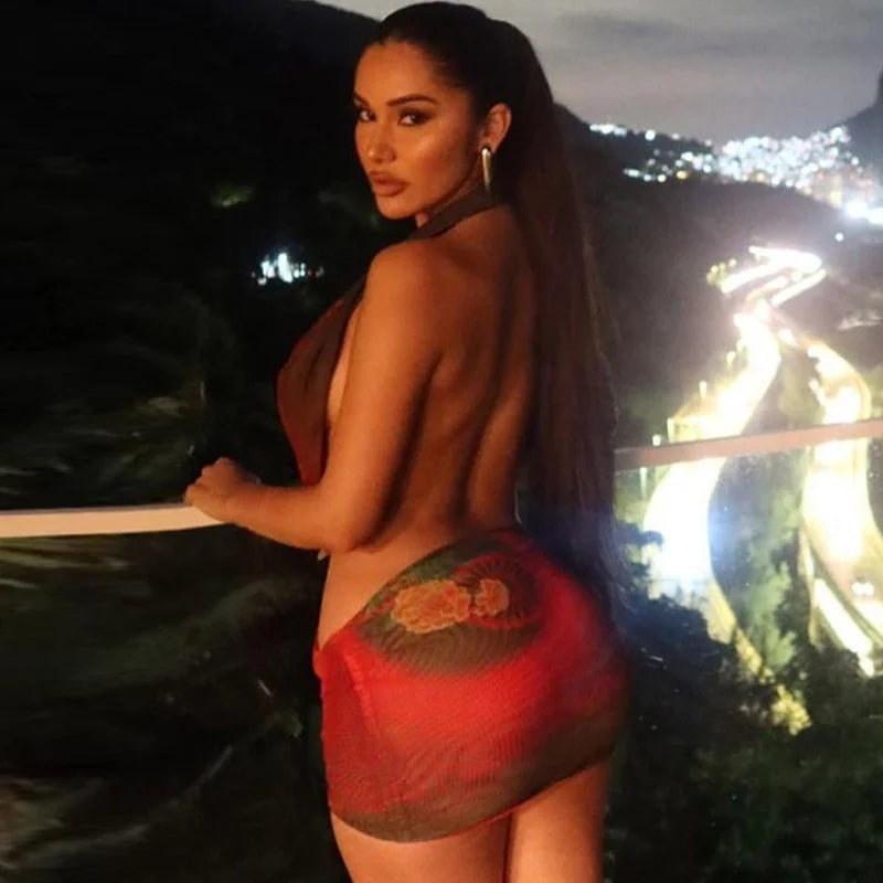 Mesh Print Halter Deep V Neck Vacation Dress