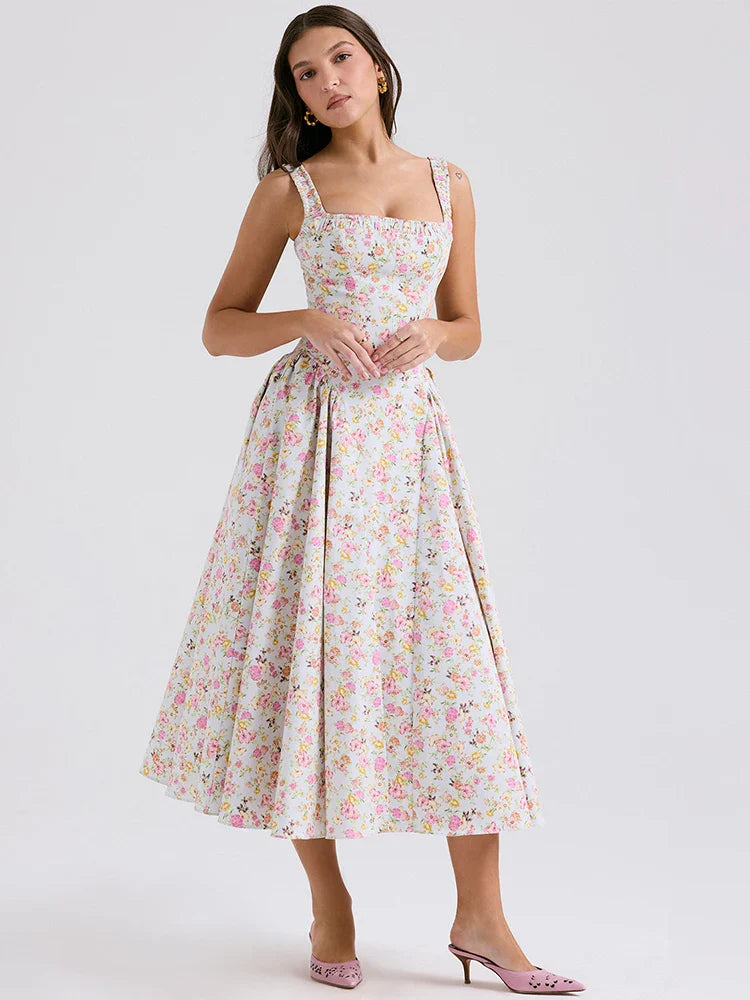 Print A-line Elegant Midi Vacation Dress