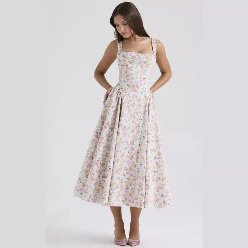 Print A-line Elegant Midi Vacation Dress