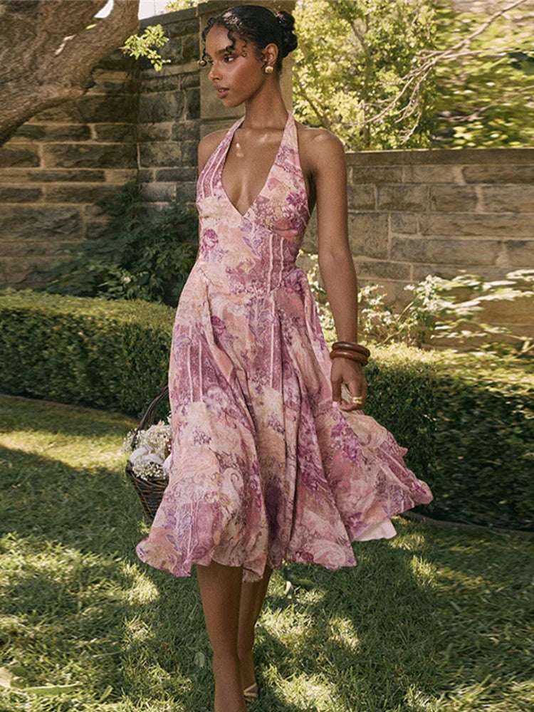 Print Pleated A-line Vacation Dress