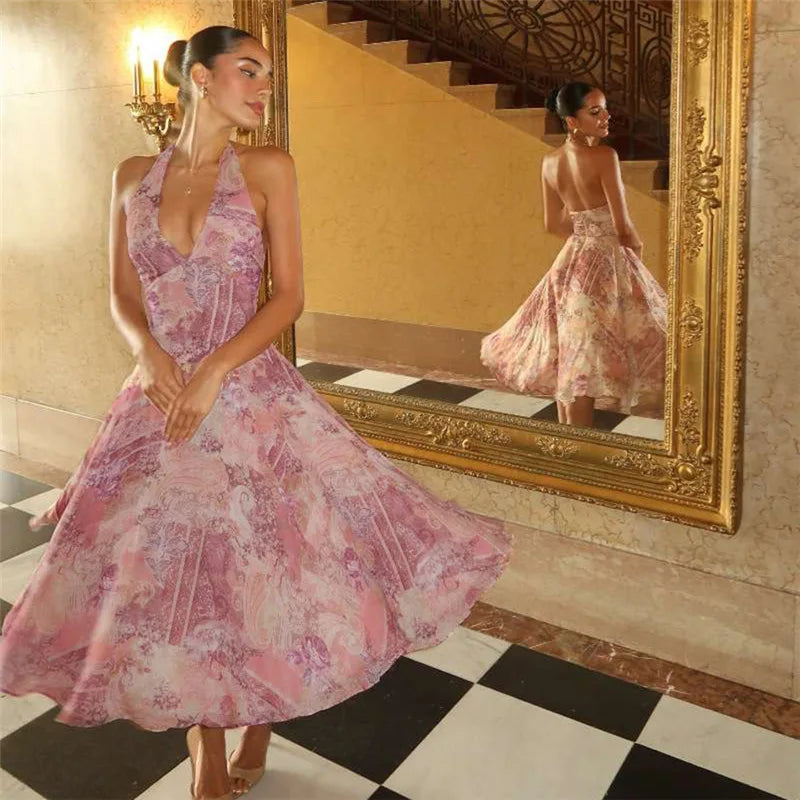 Print Pleated A-line Vacation Dress