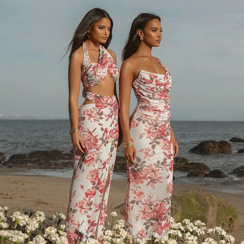 Print Pleated Slim Bodycon Vacation Dress