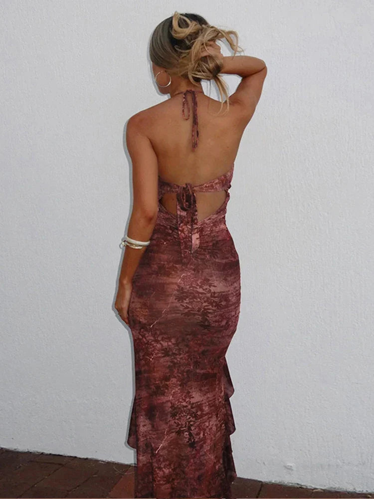 Print Ruffles Slim Bodycon Vacation Dress