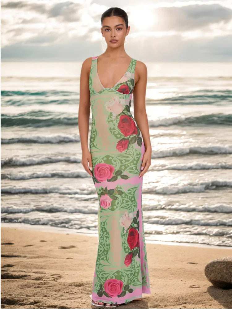 Print Slim Elegant Maxi Vacation Dress