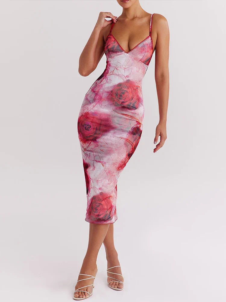 Print Slim Bodycon Midi Vacation Dress