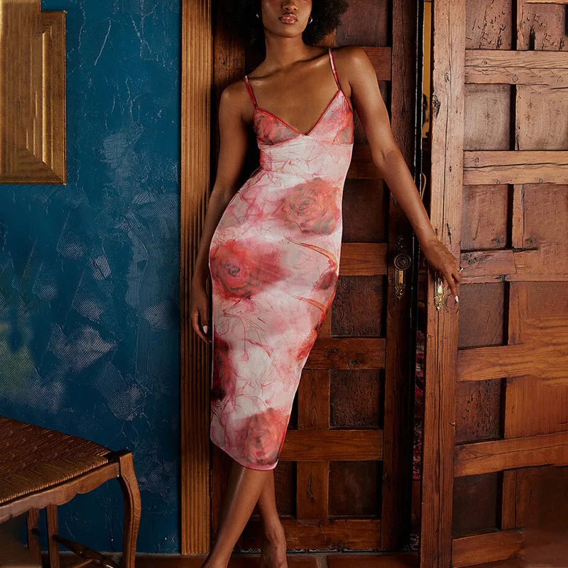 Print Slim Bodycon Midi Vacation Dress