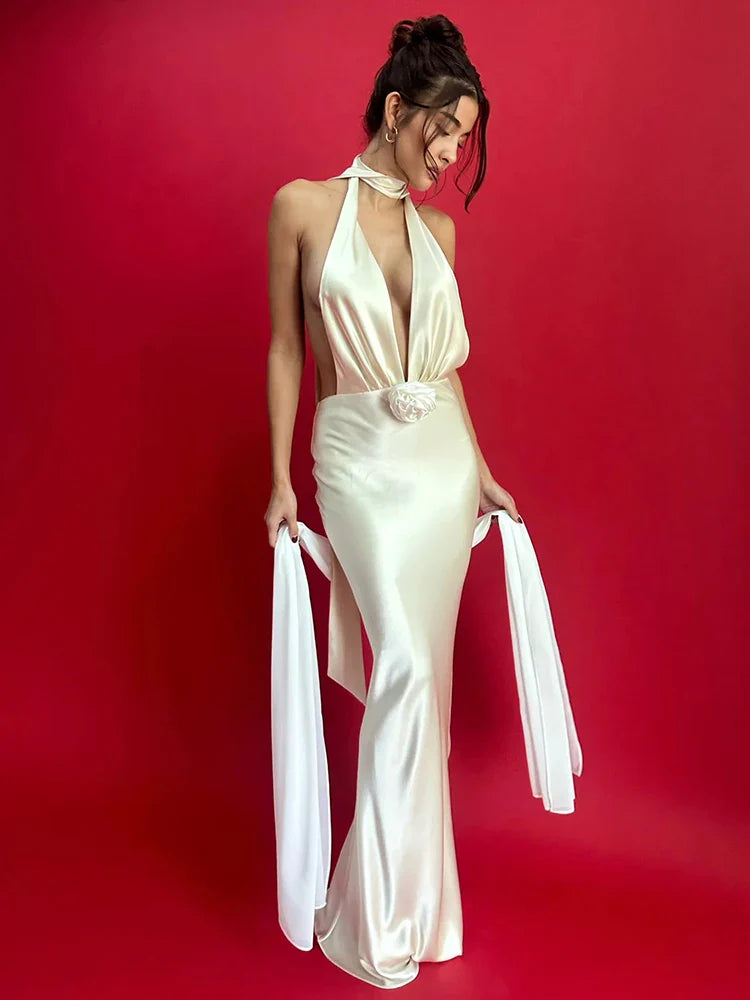 Satin Deep V Neck Vacation Dress