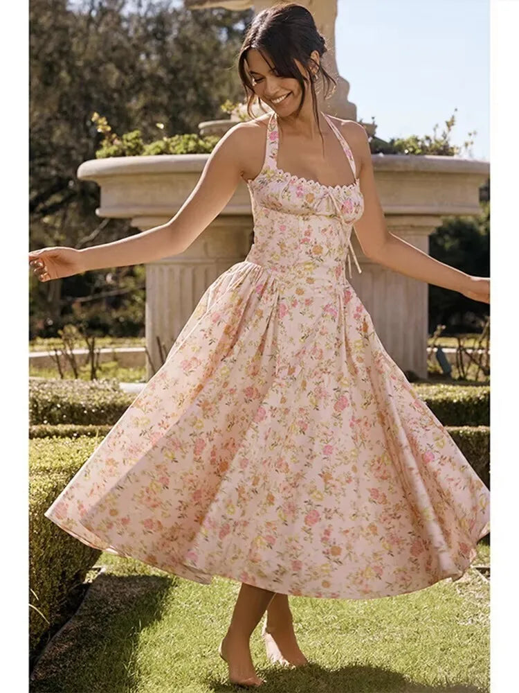 Waist Wrap Spaghetti Strap Print Floral Dress