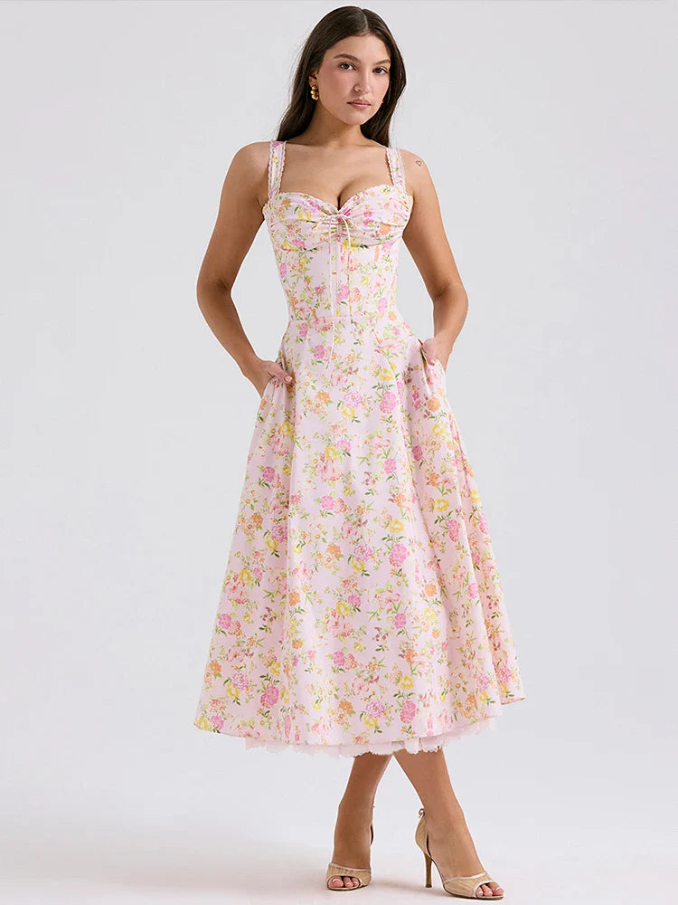 Waist Wrap Spaghetti Strap Print Floral Dress