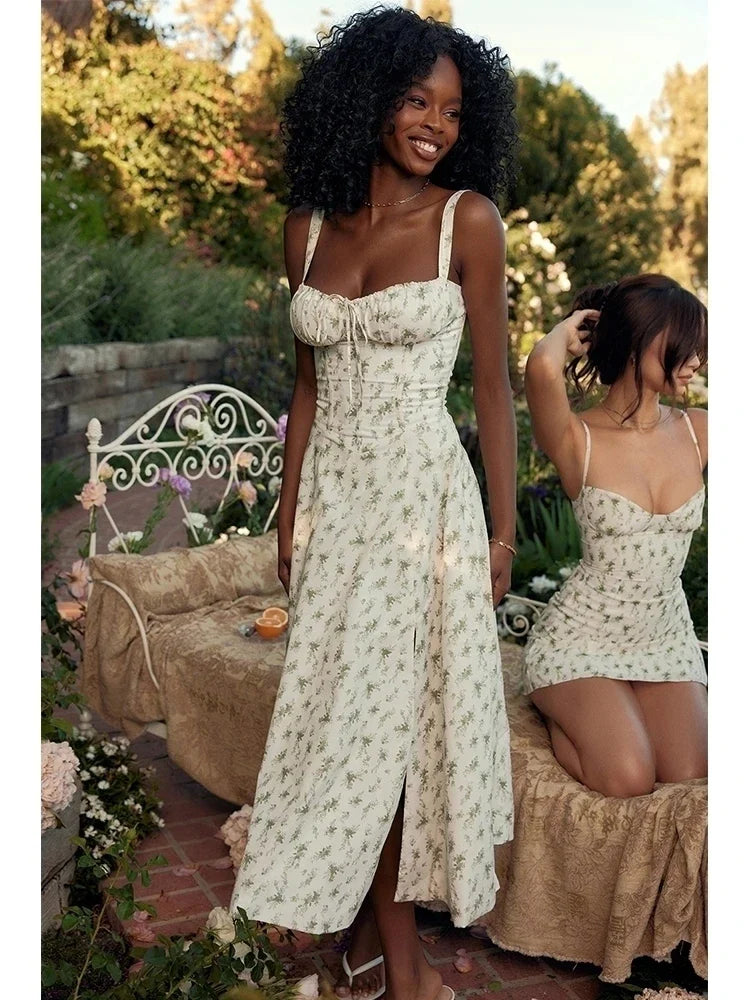 Waist Wrap Spaghetti Strap Print Floral Dress