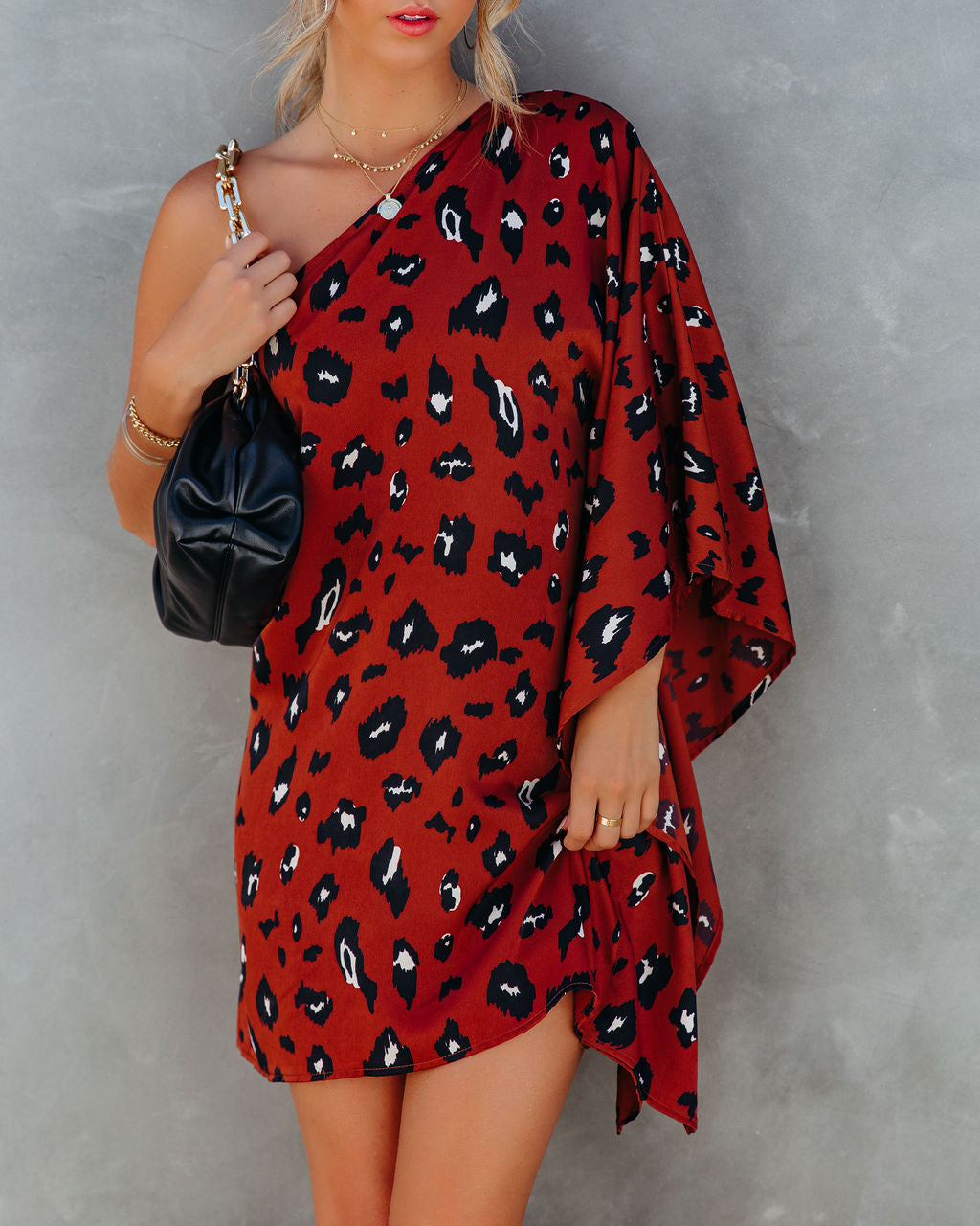 Leopard Print One Shoulder Batwing Shift Mini Dress
