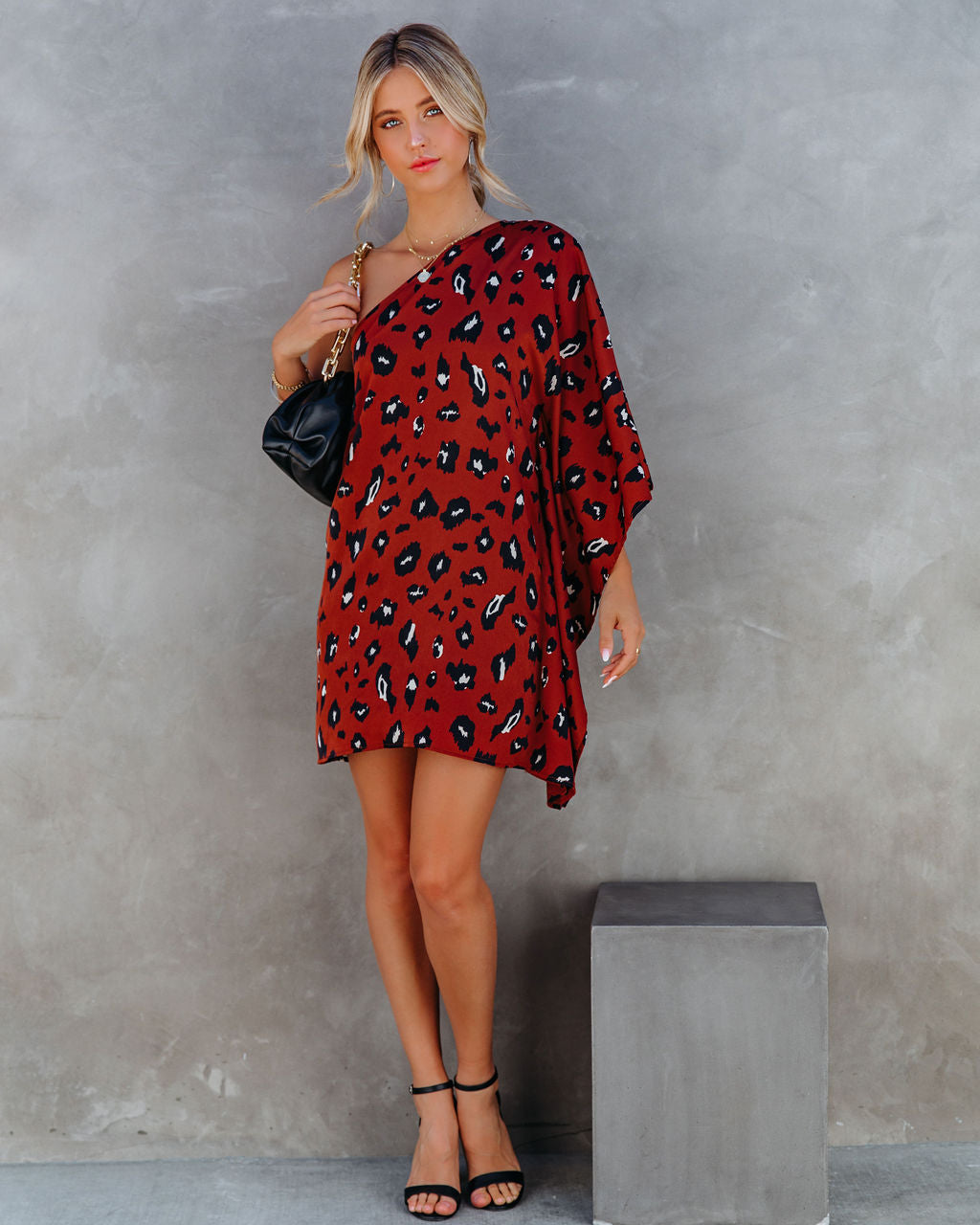 Leopard Print One Shoulder Batwing Shift Mini Dress