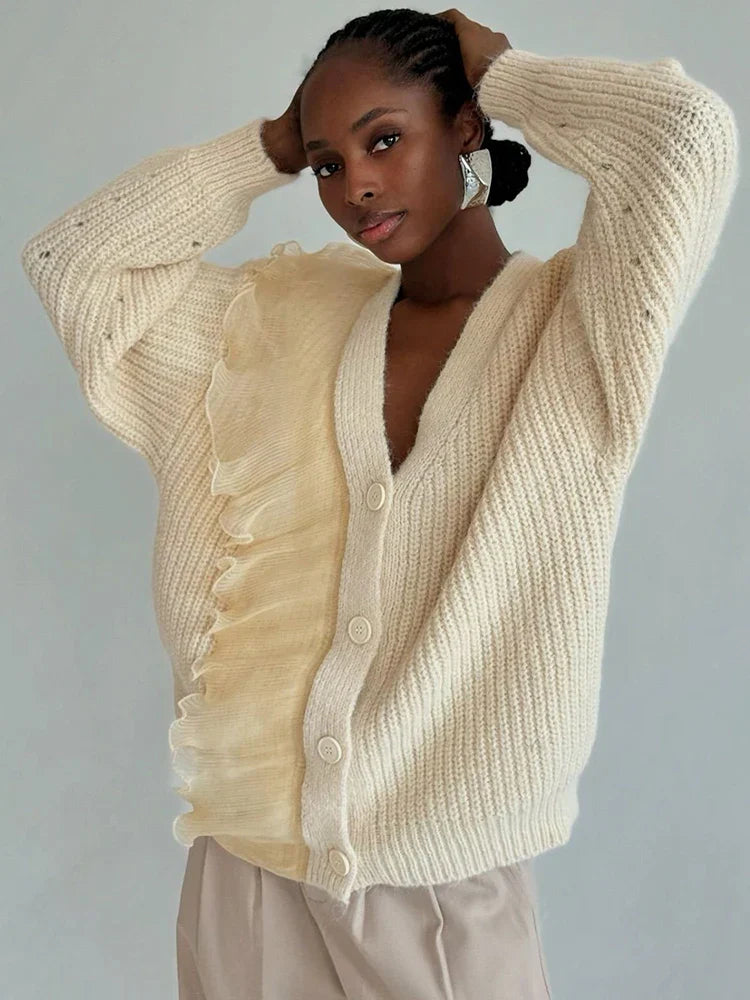 Lace Patchwork V-neck Ribbed Cardigan