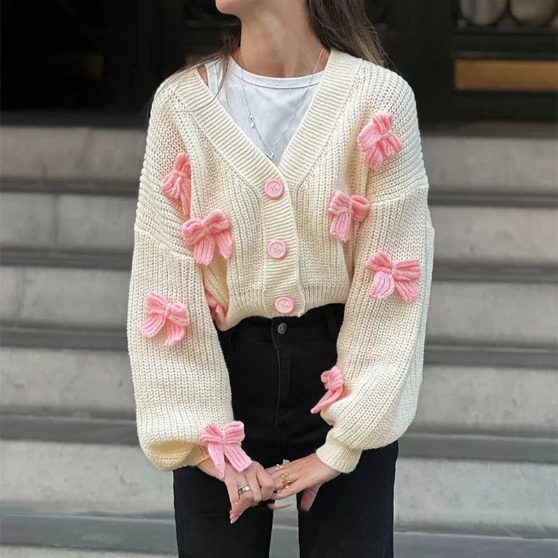 Embroidered Bow V-neck Cardigan